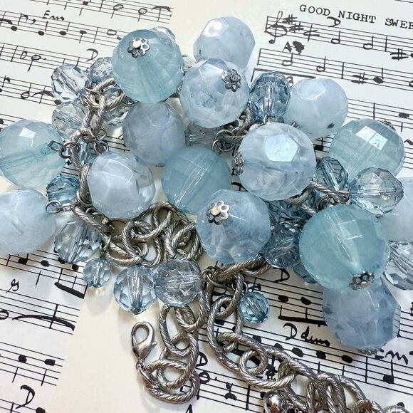 Icy Blue Bauble Statement Necklace Chunky Silver Chain Faceted Beads Y2K Glam - Picture 4 of 13